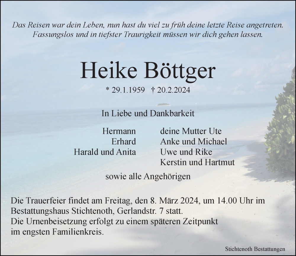  Traueranzeige für Heike Böttger vom 02.03.2024 aus Göttinger Tageblatt