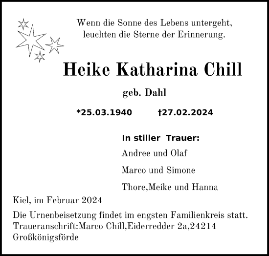 Traueranzeige von Heike Katharina Chill von Kieler Nachrichten