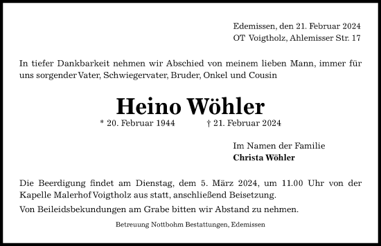 Traueranzeige von Heino Wöhler von Peiner Allgemeine Zeitung