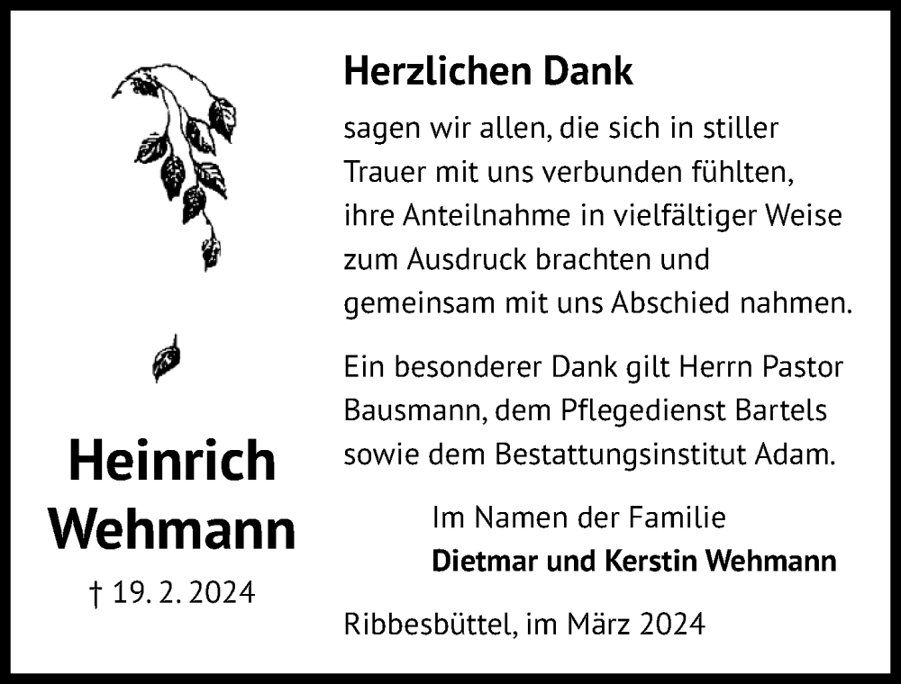  Traueranzeige für Heinrich Wehmann vom 09.03.2024 aus Aller Zeitung