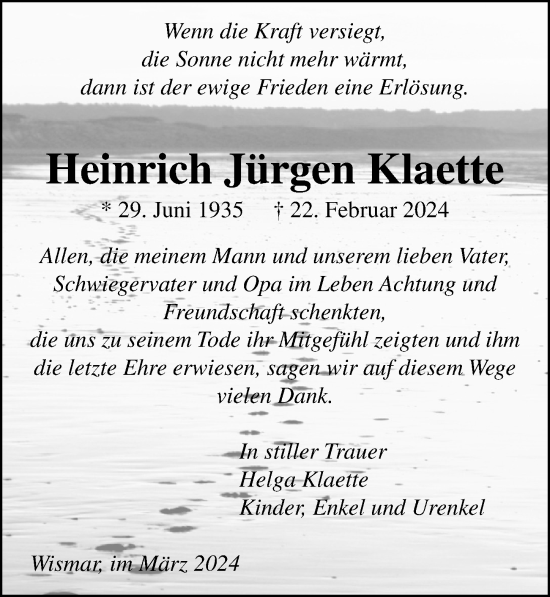 Traueranzeige von Heinrich Jürgen Klaette von Ostsee-Zeitung GmbH