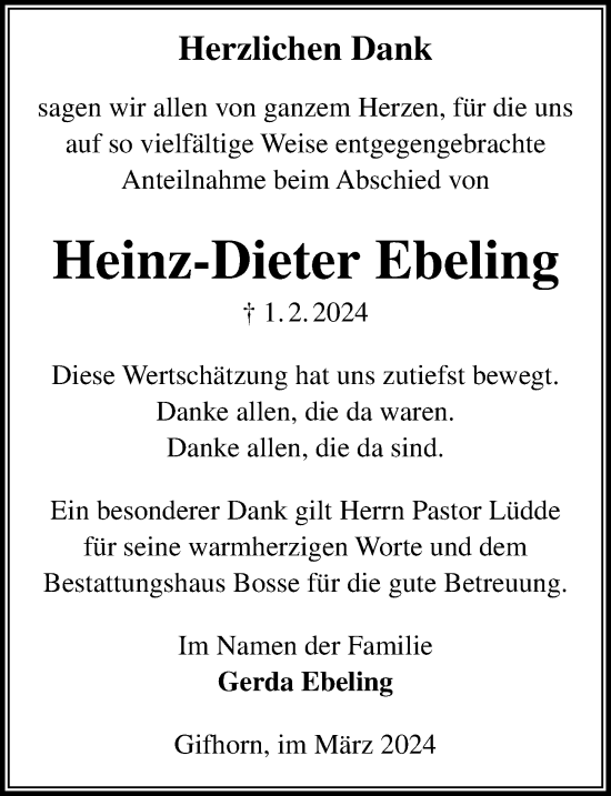 Traueranzeige von Heinz-Dieter Ebeling von Aller Zeitung