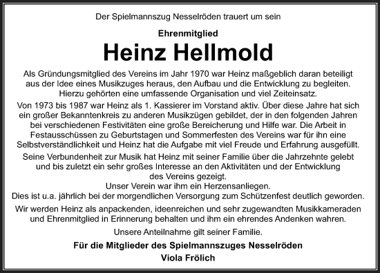 Traueranzeige von Heinz Hellmold von Eichsfelder Tageblatt