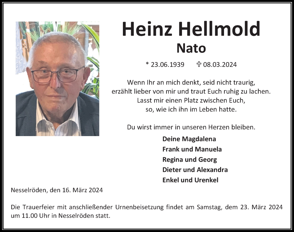  Traueranzeige für Heinz Hellmold vom 16.03.2024 aus Eichsfelder Tageblatt