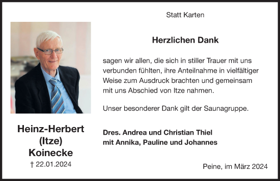 Traueranzeige von Heinz-Herbert Koinecke von Peiner Allgemeine Zeitung