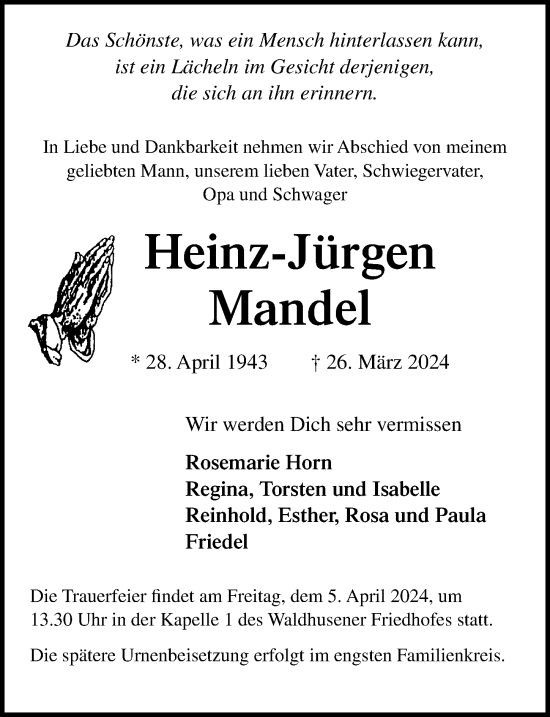 Traueranzeige von Heinz-Jürgen Mandel von Lübecker Nachrichten