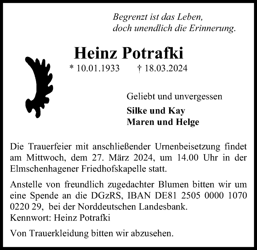  Traueranzeige für Heinz Potrafki vom 23.03.2024 aus Kieler Nachrichten
