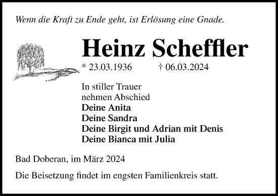 Traueranzeige von Heinz Scheffler von Ostsee-Zeitung GmbH