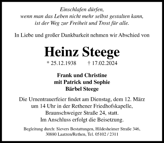Traueranzeige von Heinz Steege von Hannoversche Allgemeine Zeitung/Neue Presse
