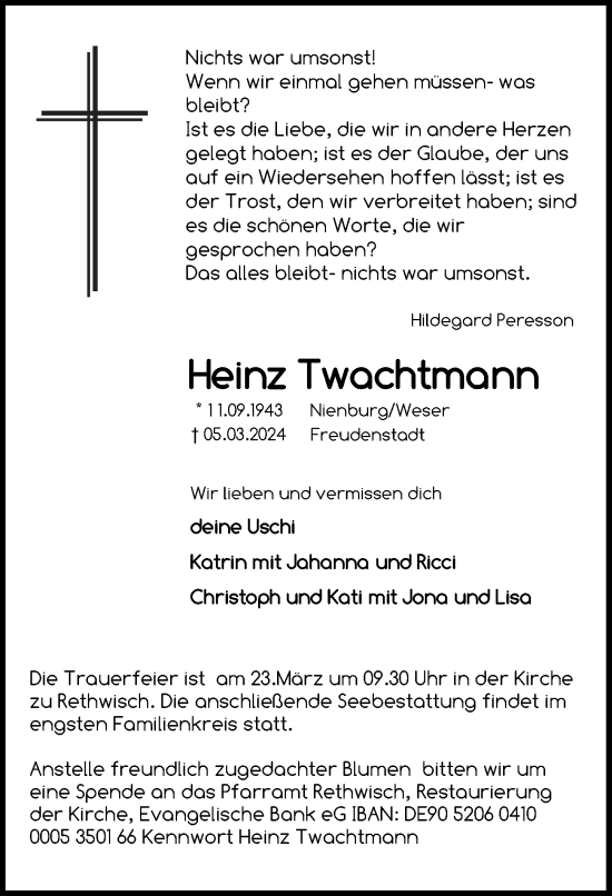 Traueranzeige von Heinz Twachtmann von Ostsee-Zeitung GmbH