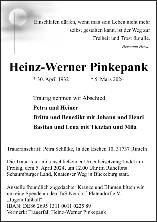 Traueranzeige von Heinz-Werner Pinkepank von Aller Zeitung