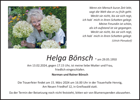 Traueranzeige von Helga Bönsch von Ostsee-Zeitung GmbH