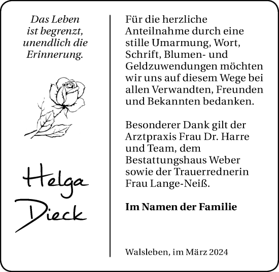 Traueranzeige von Helga Dieck von Märkischen Allgemeine Zeitung