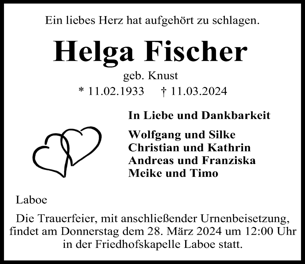 Traueranzeige für Helga Fischer vom 22.03.2024 aus Kieler Nachrichten