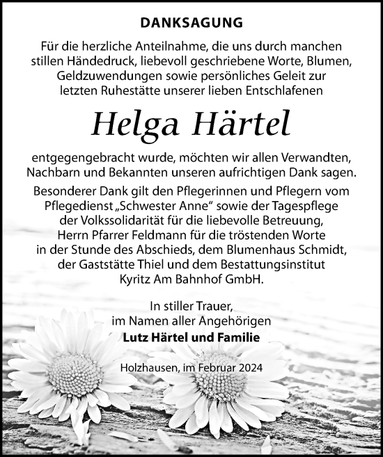 Traueranzeige von Helga Härtel von Wochenspiegel