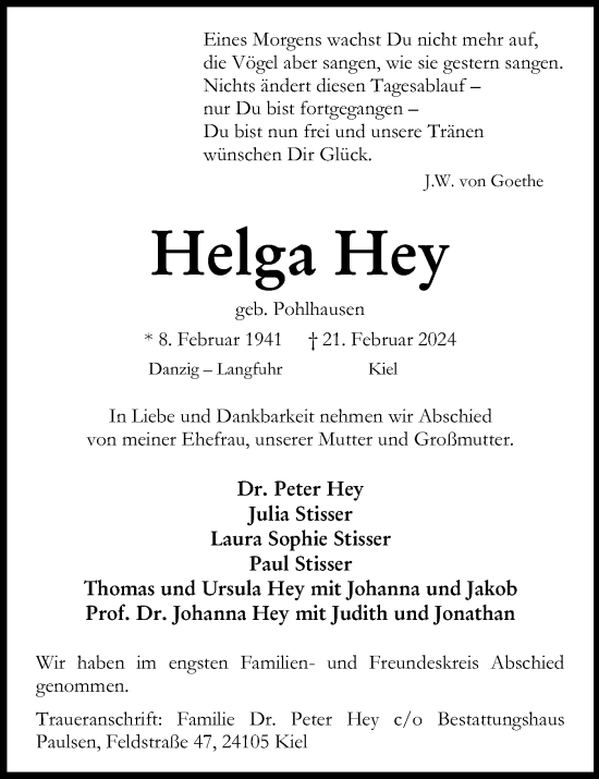 Traueranzeige von Helga Hey von Kieler Nachrichten