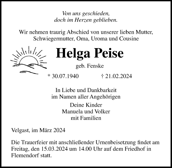 Traueranzeige von Helga Peise von Ostsee-Zeitung GmbH