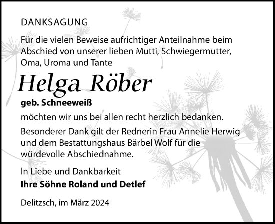 Traueranzeige von Helga Röber von Leipziger Volkszeitung