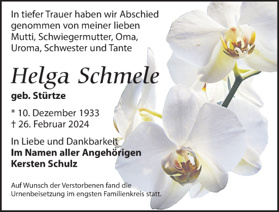 Traueranzeige von Helga Schmele von Wochenspiegel