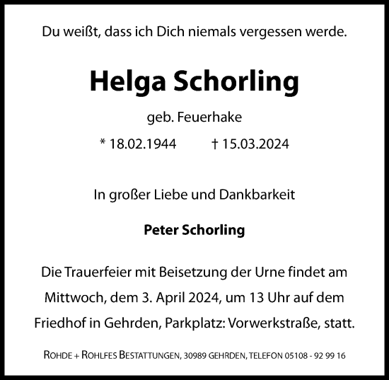 Traueranzeige von Helga Schorling von Hannoversche Allgemeine Zeitung/Neue Presse