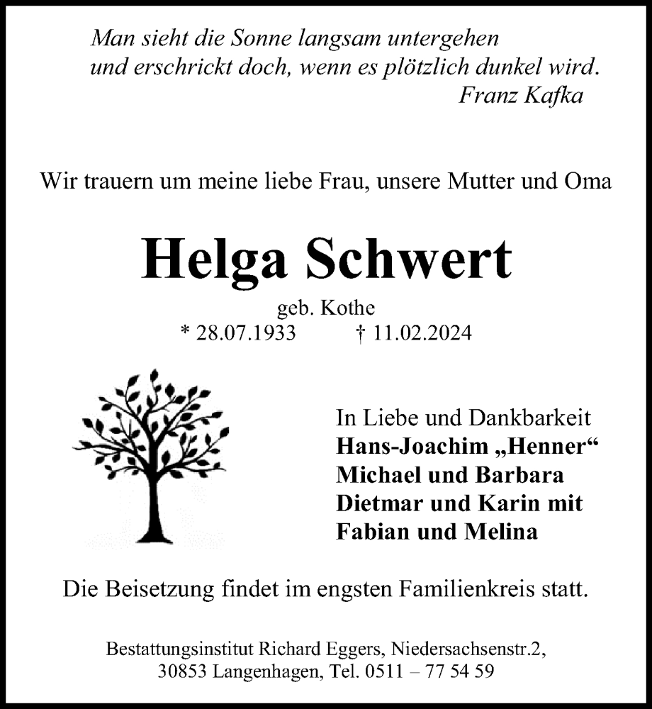  Traueranzeige für Helga Schwert vom 02.03.2024 aus Hannoversche Allgemeine Zeitung/Neue Presse