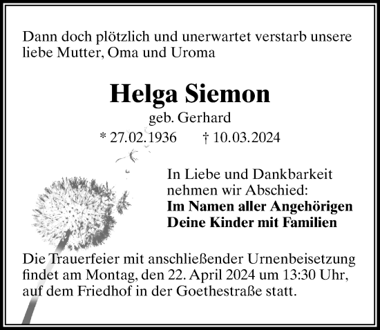 Traueranzeige von Helga Siemon von Märkischen Allgemeine Zeitung