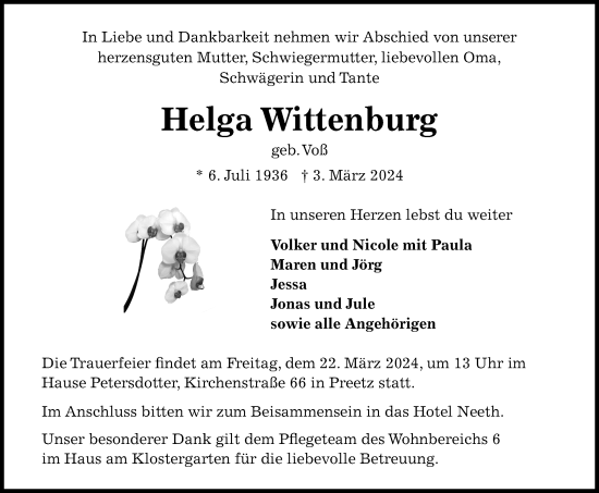 Traueranzeige von Helga Wittenburg von Kieler Nachrichten