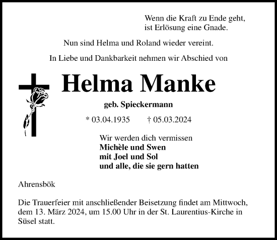 Traueranzeige von Helma Manke von Lübecker Nachrichten