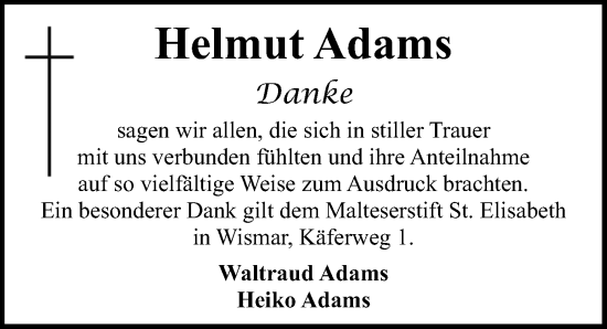 Traueranzeige von Helmut Adams von Ostsee-Zeitung GmbH