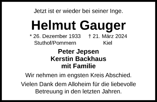 Traueranzeige von Helmut Gauger von Kieler Nachrichten