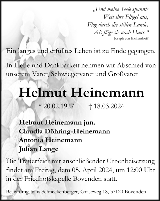 Traueranzeige von Helmut Heinemann von Göttinger Tageblatt
