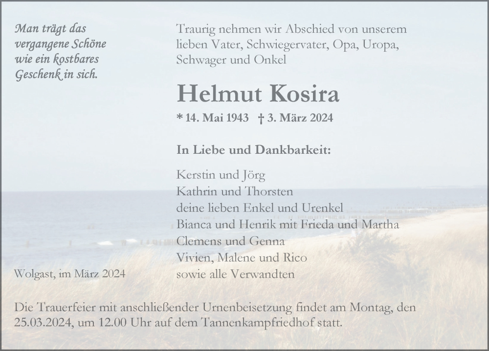  Traueranzeige für Helmut Kosira vom 09.03.2024 aus Ostsee-Zeitung GmbH