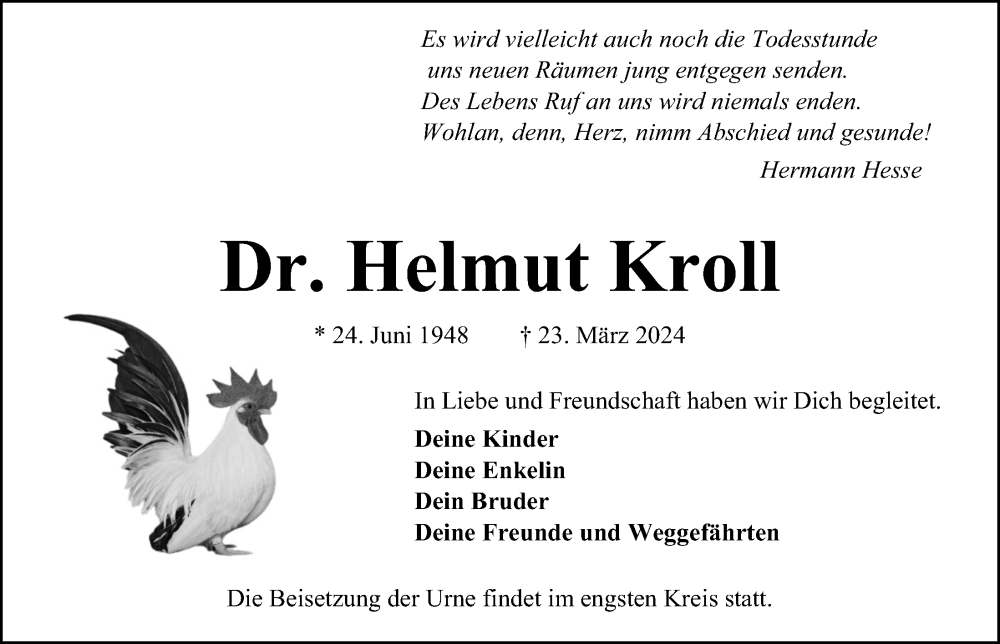  Traueranzeige für Helmut Kroll vom 30.03.2024 aus Kieler Nachrichten