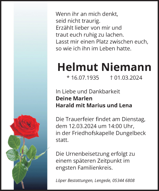 Traueranzeige von Helmut Niemann von Peiner Allgemeine Zeitung