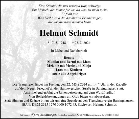 Traueranzeige von Helmut Schmidt von Hannoversche Allgemeine Zeitung/Neue Presse
