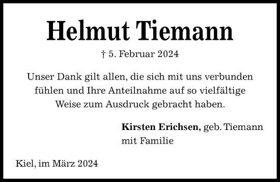 Traueranzeige von Helmut Tiemann von Kieler Nachrichten