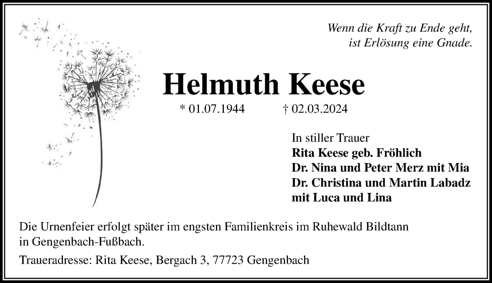  Traueranzeige für Helmuth Keese vom 09.03.2024 aus Aller Zeitung