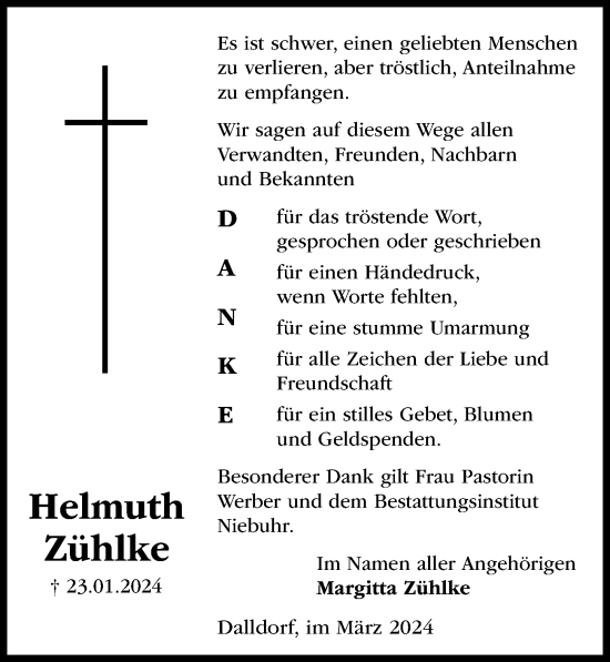 Traueranzeige von Helmuth Zühlke von Aller Zeitung