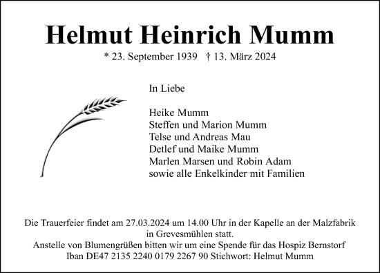 Traueranzeige von Helmut Heinrich Mumm von Lübecker Nachrichten
