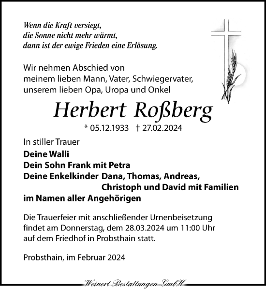 Traueranzeige von Herbert Roßberg von Torgauer Zeitung