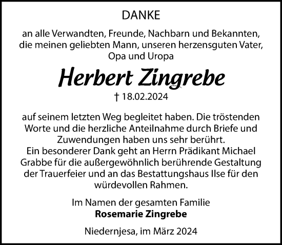 Traueranzeige von Herbert Zingrebe von Göttinger Tageblatt