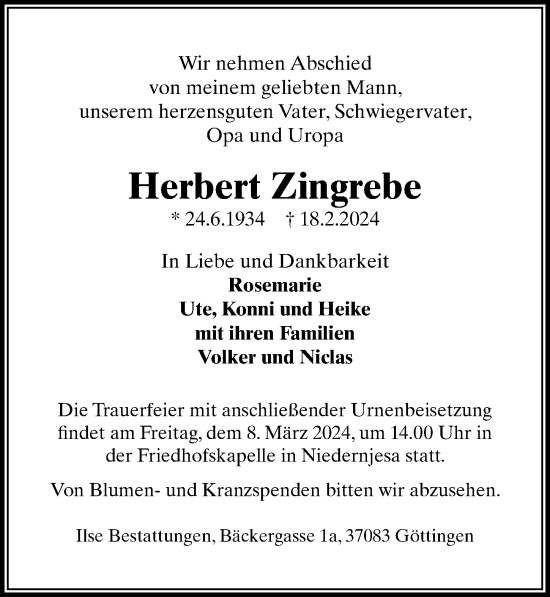 Traueranzeige von Herbert Zingrebe von Göttinger Tageblatt