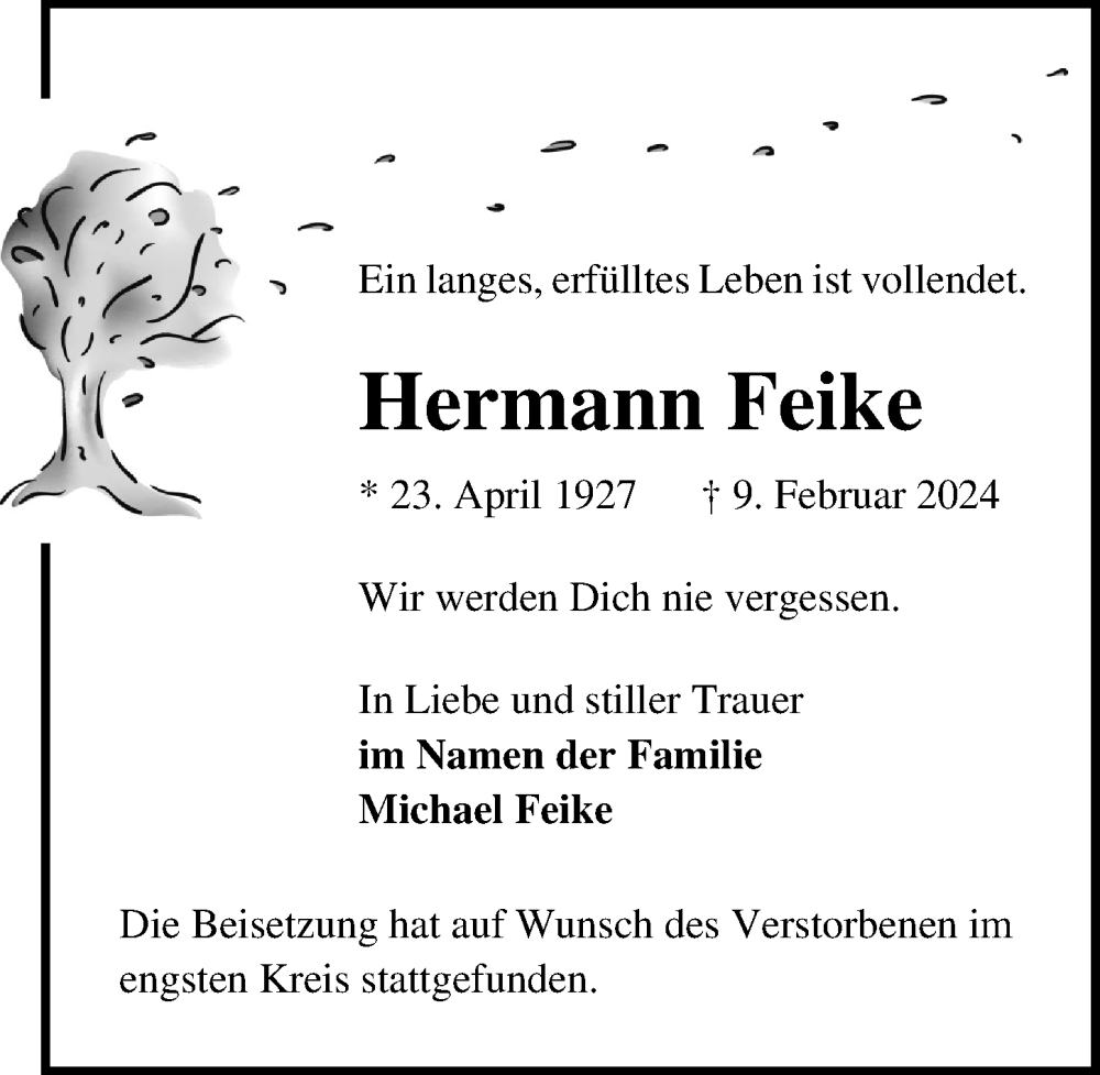  Traueranzeige für Hermann Feike vom 03.03.2024 aus Lübecker Nachrichten