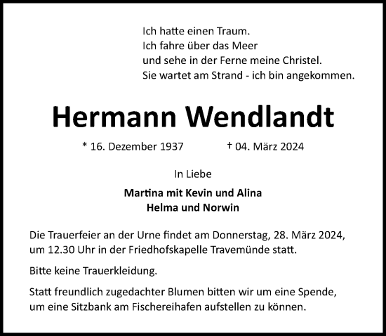 Traueranzeige von Hermann Wendlandt von Lübecker Nachrichten