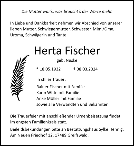 Traueranzeige von Herta Fischer von Ostsee-Zeitung GmbH