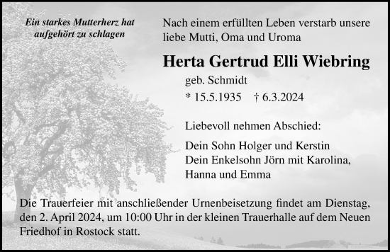 Traueranzeige von Herta Gertrud Elli Wiebring von Ostsee-Zeitung GmbH
