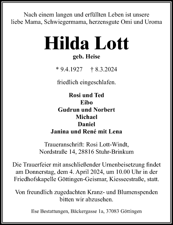 Traueranzeige von Hilda Lott von Göttinger Tageblatt