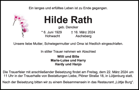 Traueranzeige von Hilde Rath von Kieler Nachrichten