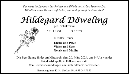 Traueranzeige von Hildegard Döweling von Aller Zeitung