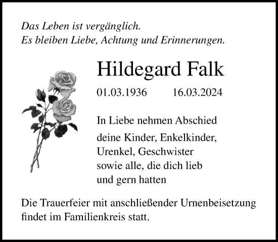 Traueranzeige von Hildegard Falk von Ostsee-Zeitung GmbH